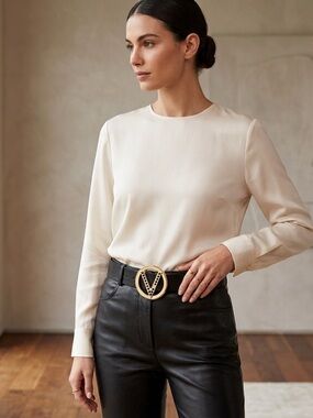 Mario Valentino Gold Logo Belt Black Leather Studded V Buckle Designer
 NWT